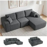 HOMCOM Ecksofa Breite Sitzfläche, 3-Sitzer Schlafsofa 2 in 1 3 Teile, mit Kissen, Cord-Optik für Wohnzimmer, Dunkelgrau