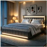Simurq Polsterbett 180 x 200 cm Doppelbett mit LED Beleuchtung und Ladefunktion (Mit Komforthöhe Lattenrost, Leises Design Bett), Jugendbett 4 Schubladen Stauraumbett, in 2 Größen verfügbar