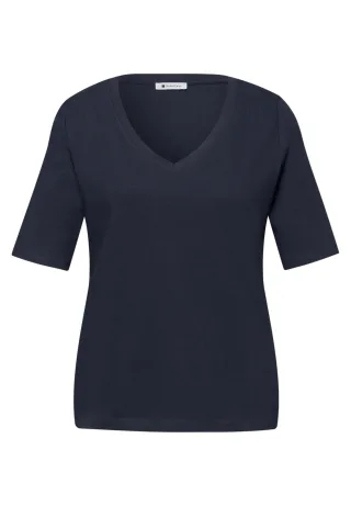 Street One - Basic T-Shirt mit V-Neck in Unifarbe shadowed navy - Gr. - 40