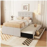 Odikalo Polsterbett Einzelbett 3 Schublade Ausziehbar Verstellbar Kopfteil Beige/Grau 90cm