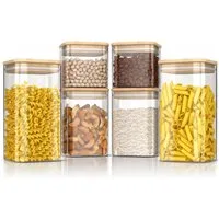 Arendo Aufbewahrungsbecher Glasbehälter-Set 1L, 1,5L, 2L Borosilikat quadratisch mit Bambusdeckel, Borosilikatglas, Bambus, Silikon, (Vorratsbehälter-Set, 6-tlg., 6er Set), Hitzebeständig, luftdicht, mikrowellengeeignet und spülmaschinenfest