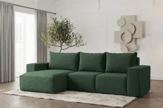 Ecksofa Designersofa ESTELLE in Stoff Poso Grün Ottomane Links