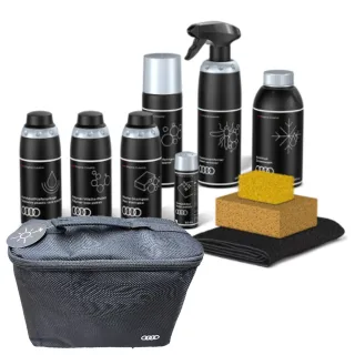 Original Audi Winter Pflegemittel Tasche Felgenreiniger Wachs Shampoo Glaspolitur Kunststoff Antifrost Pflege Mikrofasertuch Schwamm