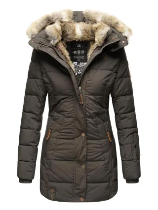 Marikoo Damen Winterjacke mit Kapuze & Kunstfell-Innenfutter