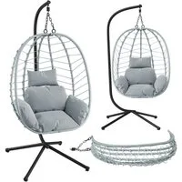 STEELSØN Hängesessel Alarian höhenverstellbar und faltbar (hellgrau/grau, mit Gestell und Sitzkissen, bis 150 kg belastbar), mit großem Korbsitz für indoor & outdoor, aus Polyrattan