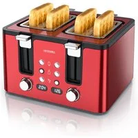 Arendo Toaster 4-Scheiben, Edelstahl, Brötchenaufsatz, Restzeitanzeige, Rot, 4 kurze Schlitze, für 4 Scheiben, 1750 W, Doppelwandgehäuse, Defrost Funktion, Krümelschublade, 6 Bräunungsgrade