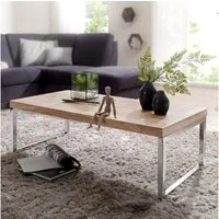 FINEBUY Couchtisch SuVa2406_1 Couchtisch Massivholz 120cm Rechteckiger Wohnzimmertisch (Akazie Massivholz / Chrom, 120x60x40 cm Rechteckig), Großer Wohnzimmertisch, Sofatisch Kaffeetisch
