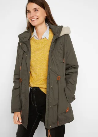 bonprix Wattierter Parka mit Fellimitat-Besatz, grün, Gr.48, Wattierter Parka mit Kapuze, abnehmbarer Fellimitat-Besatz, 55% Baumwolle