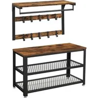 VASAGLE Garderoben-Set Wandgarderobe Metallgestell, Industrie-Design, 2 Set, mit Ablage und 10 Haken, Schuhbank mit 3 Ebenen