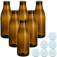 gouveo Trinkflasche Saftflaschen 1000 ml mit Schraub-Deckel - Große Flasche 1,0 l aus Glas, 6er Set, braun/weiß