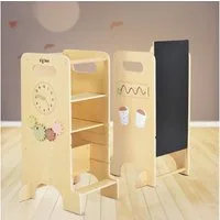 Moni Stehhilfe Kinder Lernturm 4 in 1 Big Ben, Rutsche Tafel Hochstuhl Uhranzeige Motorik