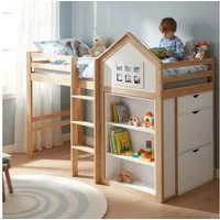 Odikalo Hochbett Kinderbett 90x200 mit Staufächern und Schubladen (Stabile Stufen, Sicherheitsgeländer, Kiefer + MDF + Sperrholz)