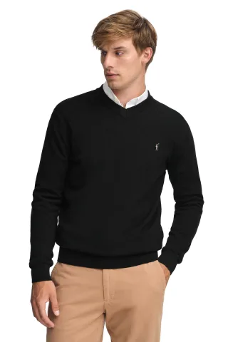 Pullover schwarz aus Wollgemisch mit V-Ausschnitt und gesticktem Rigby Go-Logo