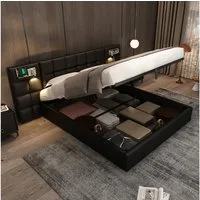OKWISH Polsterbett Hydraulikbett mit USB, Beleuchtete Lampe, Stauraum (Hydraulikbett mit Stauraum,Holzlattenunterstützung, 1-tlg., 180 x 200 cm, ohne Matratze, PU, Schwarz), mit USB-Anschluss, Wireless Charging, Beleuchtete Lampe