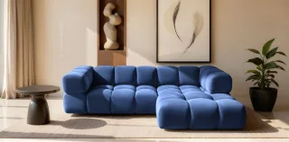 Ecksofa Designersofa BLANCHE in Stoff Bluvel Blau Ottomane Rechts