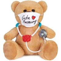 BRUBAKER Kuscheltier Teddy mit Mundschutz und Stethoskop - Gute Besserung - Teddybär 35 cm (Braun Hellbraun, 1-St., Geschenk-Set), Arzt Plüschbär - Plüschteddy Schmusetier