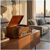 Denver Retro Musikcenter, Plattenspieler, DAB+ Radio, CD & Kassette Multifunktionsspieler (Riemenantrieb, kein, All-in-One Audio-System - USB-Aufnahmefunktion zur LP-Digitalisierung)