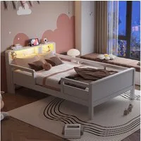 Flieks Kinderbett, Holzbett Einzelbett 90x200cm mit LED-Licht und Aufladen-Funktion