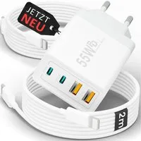 GreenHec Schnellladegerät USB-C iPhone mehrfach Handy Netzteil Adapter + Kabel Schnelllade-Gerät (50 mA, Spar-Set, 55w Quatro Charger + Lighting Kabel, iPhone 14 13 12 11 X XS XR SE Pro Max Air, 4 Multi Port 1m 2m 3m Laden)