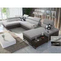 Möbel für Dich Wohnlandschaft in U-Form Melody V, mit Ablagetisch, Barfach, USB, Becherhalter, Bettfunktion, Bettkasten