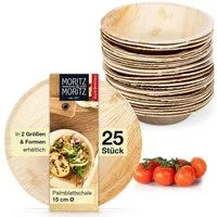 Moritz & Moritz Einweggeschirr-Set Moritz & Moritz 25x Palmblatt Schüssel Rund 15cm (25-tlg), 25 Personen, Palmblatt, Birkenholz, 25x25cm