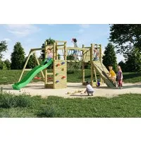 FUNGOO Spielturm Maxi Funny Exposure, Schaukel, Rutsche mit Wasseranschluss, Sandkasten, Brückenverbindung