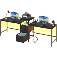 OYRREU Arbeitstisch 240cm extra lang, Doppel-Computertisch mit Schubladen & Ladestation (Doppelschreibtisch Set, 2 Arbeitsplätze, mit RGB-LED-Streifen, Schubladenschrank), RGB-LED-Beleuchtung, integrierte Ladestation, verstellbare Füße