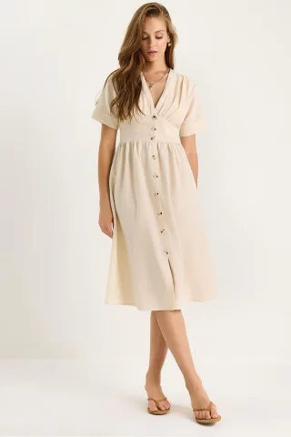 V-Ausschnitt Midi-Hemd-Kleid mit Knöpfen