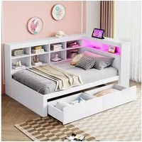 Flieks Massivholzbett, LED Einzelbett 90x200cm mit Stauraum, USB-Aufladen und Schublade