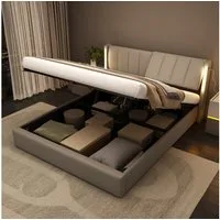 Flieks Polsterbett, LED Stauraumbett Doppelbett mit USB/ Verstellbarem Kopfteil 180x200cm