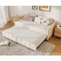 FUROKOY Schlafsofa Daybett Tagesbett Ausziehbares mit Bettfunktion, 90x200 cm,Multifunktionsbett,Beige,Samt,mit Seitentaschen