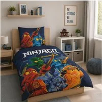 Familando Kinderbettwäsche Lego Ninjago Blau mit Lloyd Jay Kai uvm. aus 100% Baumwolle, Renforcé, 2 teilig, 135x200 80x80cm mit Reißverschluss, Wendebettwäsche