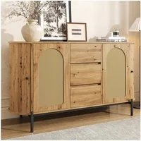 Merax Sideboard mit Rattantüren, Ovales Aufbewahrungsschrank in Holzoptik (140 × 38 × 77,5 cm, 1 St), Kommode mit 2 Schiebetüren, 3 Schubladen, Metallbeinen & Stauraum