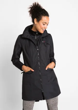 bonprix Wasserdichter Funktions-Outdoor-Übergangsmantel mit Kapuze 2 in 1-Optik, schwarz, Gr.50, Regenjacke mit zahlreichen Taschen