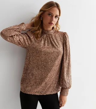 Paillettenbluse mit hohem Ausschnitt und lockerem Schnitt