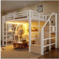 Merax Hochbett 140x200cm mit LED-Lichtleiste & Stauraum (Jugendbett aus Eisen und MDF, 1-St) Metallbett Kinderbett mit Stauraumtreppe Geländer Ablagefach & Leiter