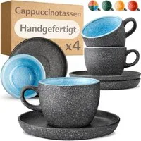 Cosumy Cappuccinotasse Cappuccino Tassen mit Untertassen 4er Set blau, 8-tlg., Keramik, Warm
