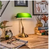 hofstein Tischleuchte Tischlampe aus Metall/Glas in Altmessing/Grün/Weiß, Schreibtischlampe, ohne Leuchtmittel, traditionelle Bankerlampe für Büros im Vintage-Design, Zugnschnur, E27