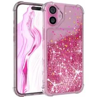 EAZY CASE Handyhülle Liquid Glittery Case für Apple iPhone 16 Plus 6,7 Zoll, Glitzerhülle Shiny Slimcover stoßfest Durchsichtig Bumper Case Pink