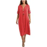 dy_mode Hemdblusenkleid Damen Leinenkleid Midi Hemdblusenkleid mit V-Ausschnitt Freizeitkleid in Unifarbe, V-Ausschnitt, mit seitlichen Eingriffstaschen