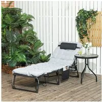 Outsunny Feldbett mit Tasche, Verstellbares Klappbett mit Kopfkissen für Garten, Balkon (Campingbett, 1-St., Feldbett) Hellgrau, Stahl, Polyester, 58 x 189 x 32,5cm