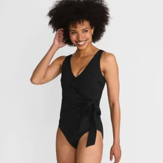 Badeanzug mit seitlichem Bindeband, hohes Bein, Damen,  Schwarz, Nylon-Mischung, by Lands' End