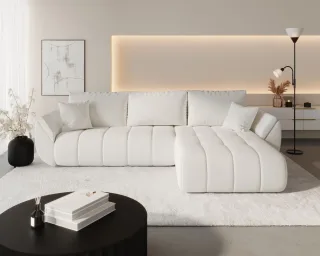 Ecksofa Schlafsofa MISATO Stoff Wind Altweiß Ottomane Rechts