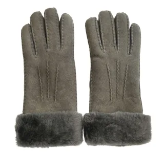 Damenhandschuhe aus echtem grauem Schaffell und Wildleder mit Pelzmanschette