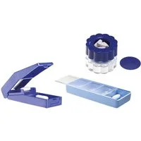 LifeMed Pillendose Tablettenmörser Teiler Box Set blau 3 Stück (Set, 3 St., Tabletten-Komplett Set), Medikamentenbox Medikamenten-Dosierer Tablettenbox Tablettendosierer