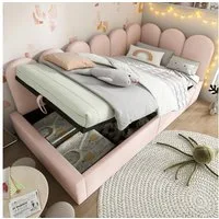 Celya Polsterbett Daybett 90x190 cm,Tagesbett Schlafsofa mit hydraulischem Stauraum (ohne Matratze), Kinderbett mit Metall-Lattenrost, Samt, Rosa