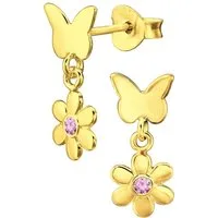 Limana Paar Ohrhänger Mädchen Kinder Silber 925 Gold Schmetterling Blume rosa Ohrstecker, Kinderohrringe Mädchenohrringe mit Zirkonia Geschenkidee Geschenk Idee