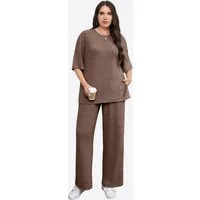 Imily Bela Hausanzug Damen Freizeitanzug 2-teilig in Übergröße (Set, 2 tlg., Rippstrick-Oberteil + Palazzo-Hose) in Unifarbe