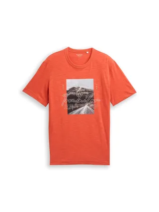 Tom Tailor - T-Shirt in Melange-Optik mit Fotoprint chili orange - Gr. - L