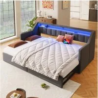 Merax Daybett 90x200cm/180x200cm mit Ausziehbett und 2 Schubladen (1 tlg), Tagesbett mit LED-Leiste, Schlafsofa mit Anschlüssen, Leinen